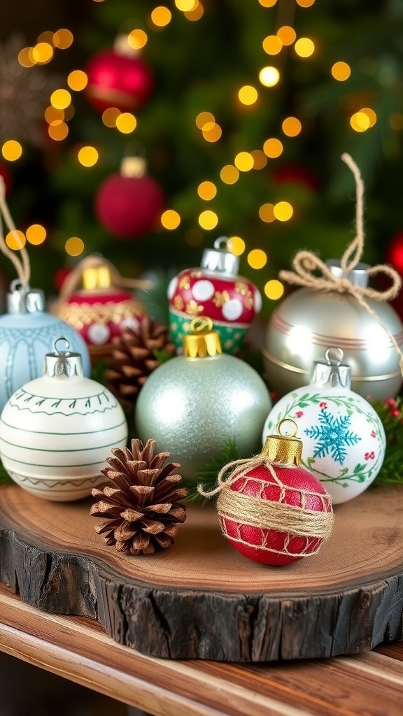 A variety of DIY Christmas ornaments with different designs on a wooden table, surrounded by festive decorations.